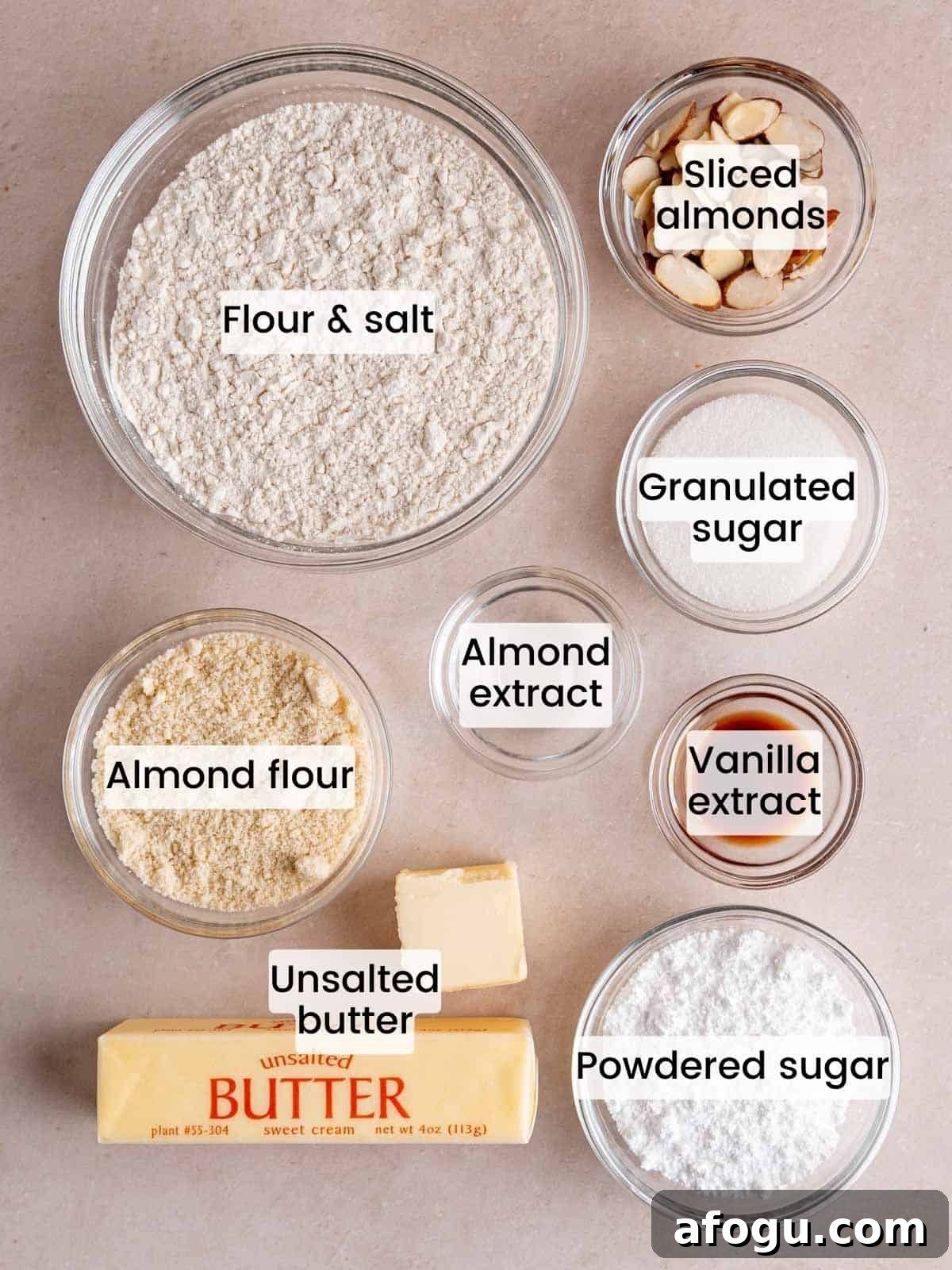 Ingredients needed to make almond croissant shortbread cookies.