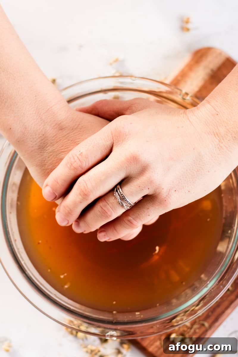 Getting ready to put my hands into a chamomile hand soak.