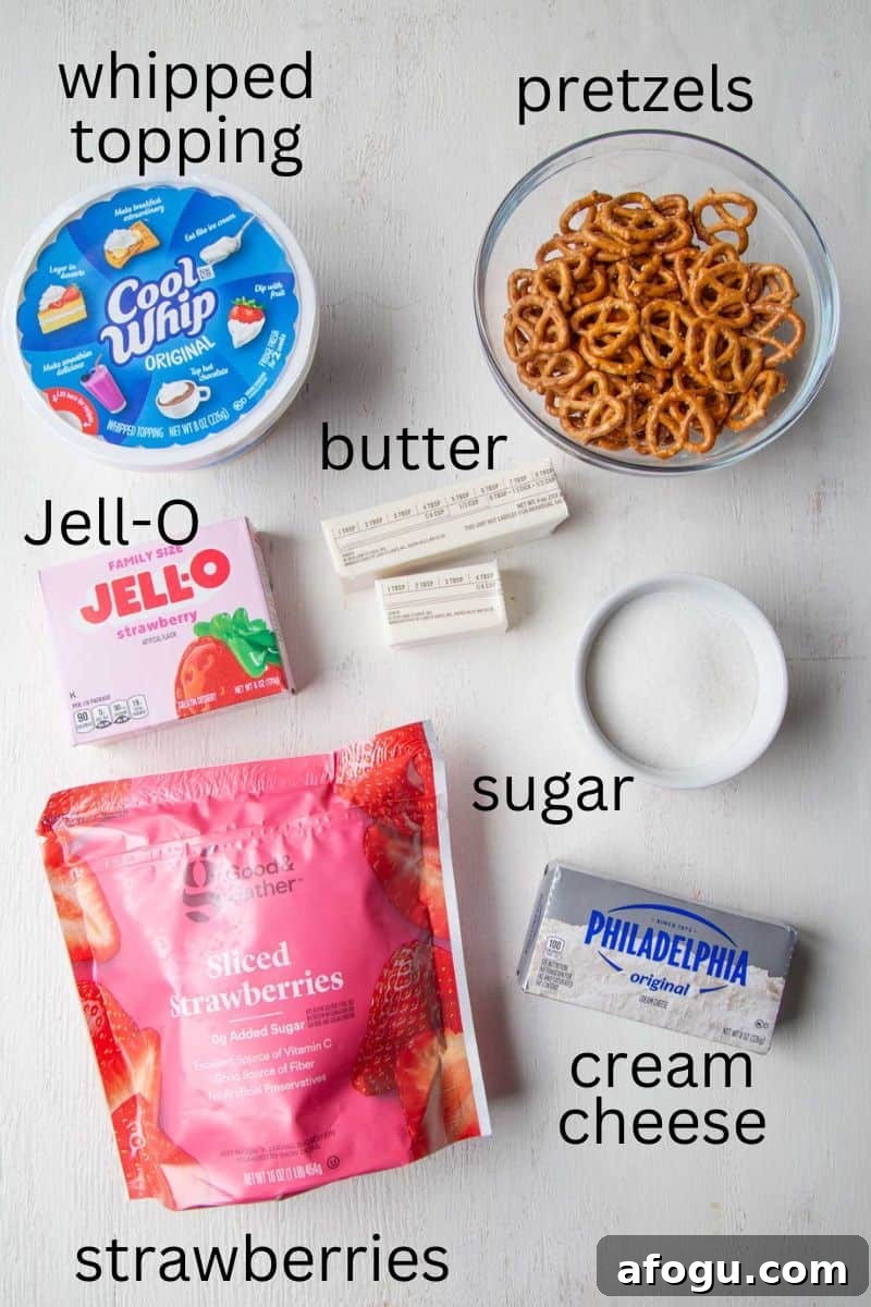 strawberry gelatin, strawberries, pretzels, and other ingredients.