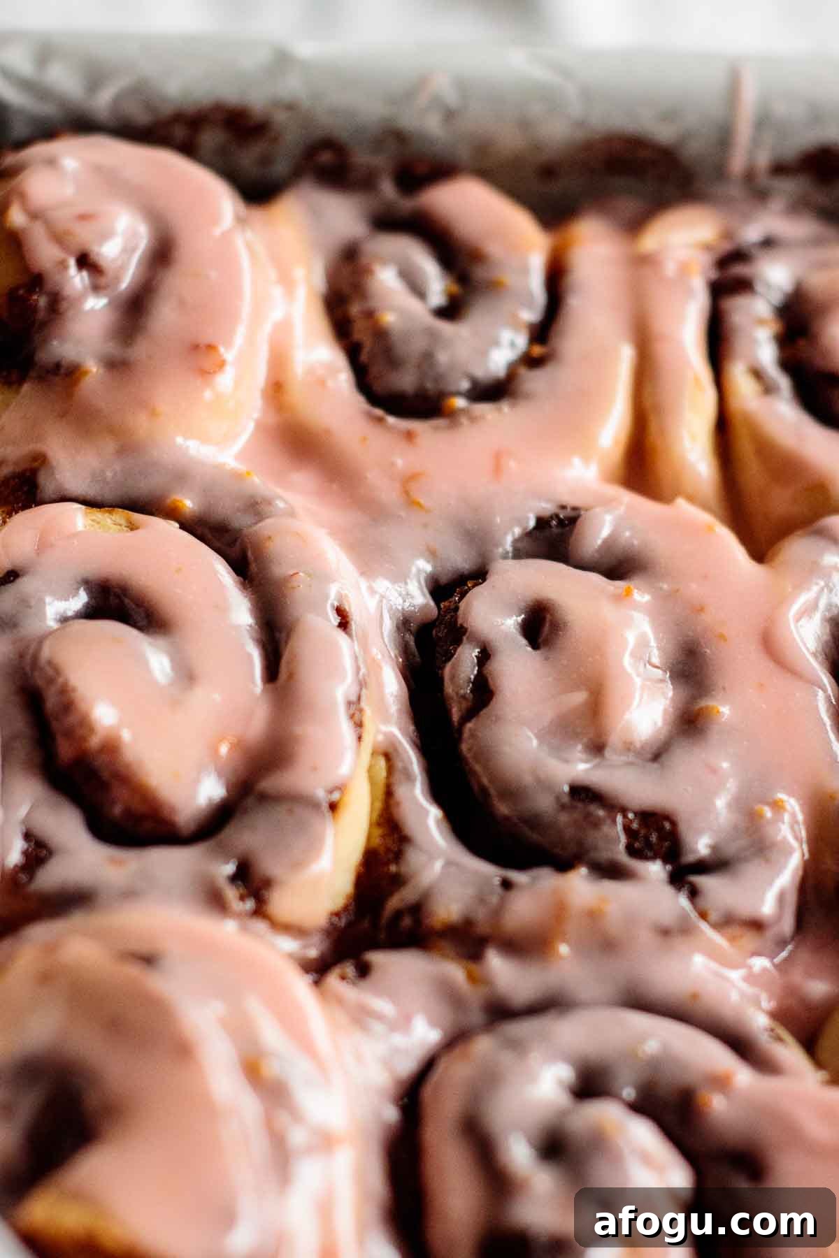 Pink Blood Orange Cinnamon Rolls with Citrus Glaze 2 Blood orange cinnamon rolls on a baking pan.