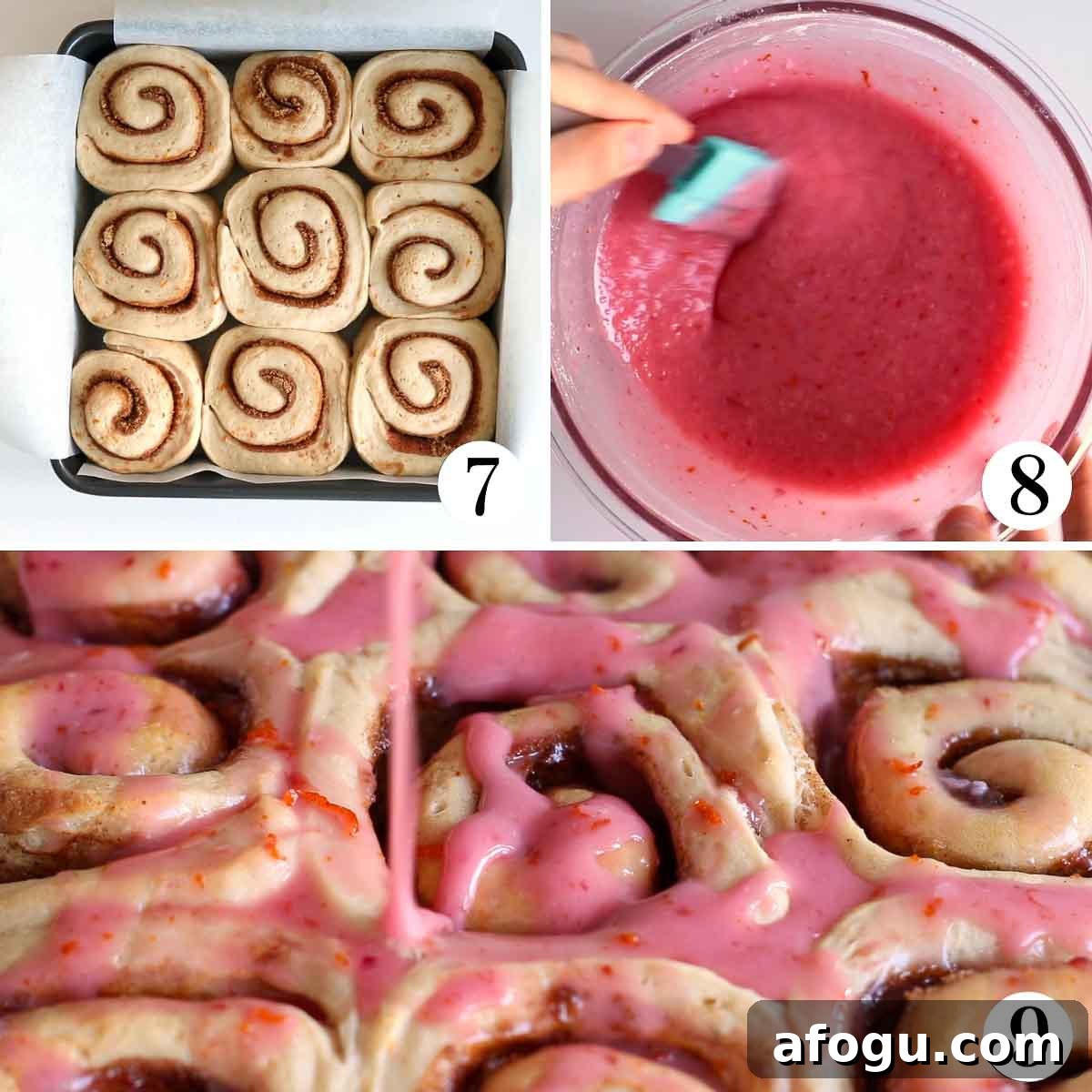 Pink Blood Orange Cinnamon Rolls with Citrus Glaze 5 Cinnamon rolls before baking, on a pan, pink glaze being mixed, pink glaze being poured over baked cinnamon rolls.