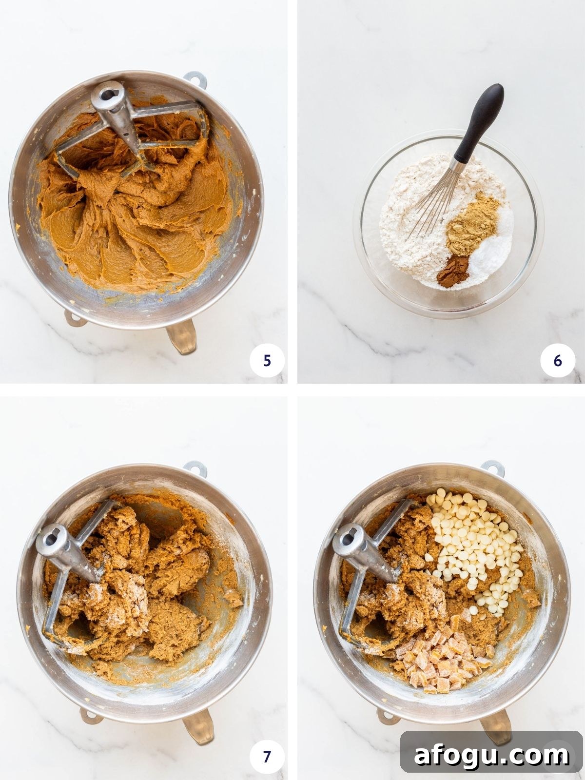 Combining the dry ingredients and the creamed molasses mixture to make ginger cookie dough with white chocolate chips and chopped crystallized ginger.