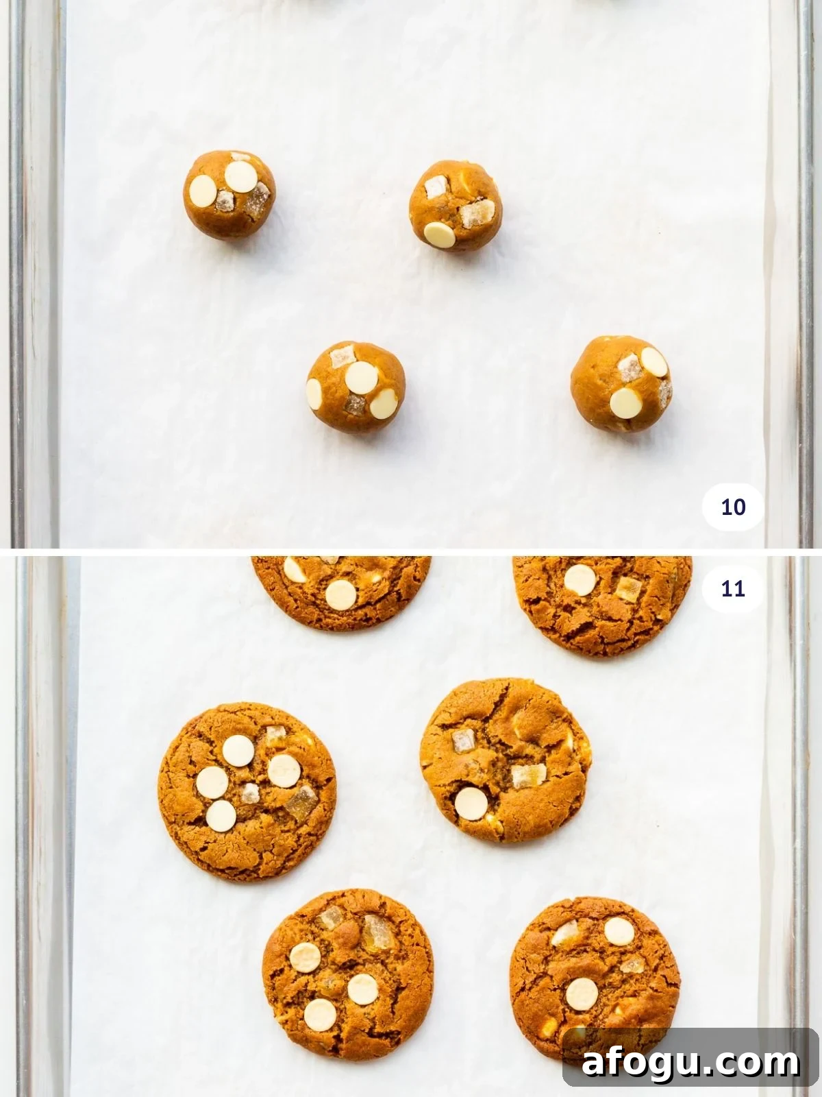 Ginger cookies with white chocolate before and after baking on a parchment paper-lined sheet pan.