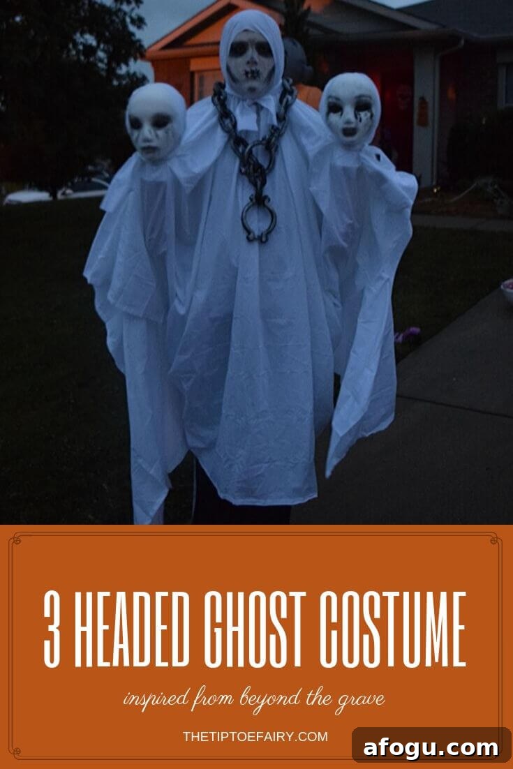 Full body view of the three-headed ghost halloween costume