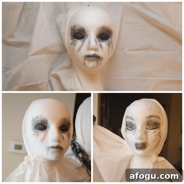 How to hot glue the styrofoam heads into the ghost costume