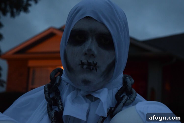 Close up view of the three-headed ghost costume makeup