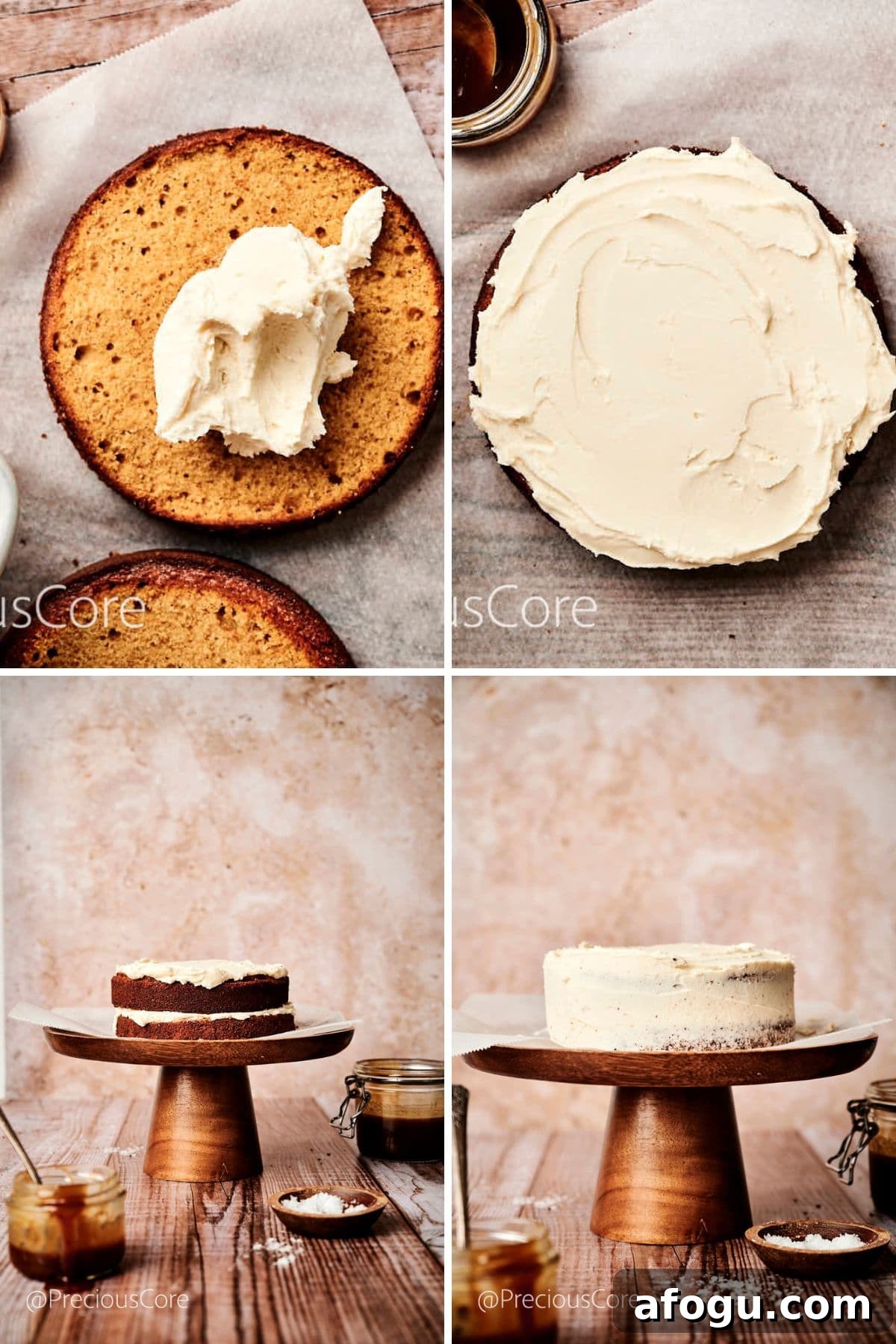 Assembling salted caramel cake layers.