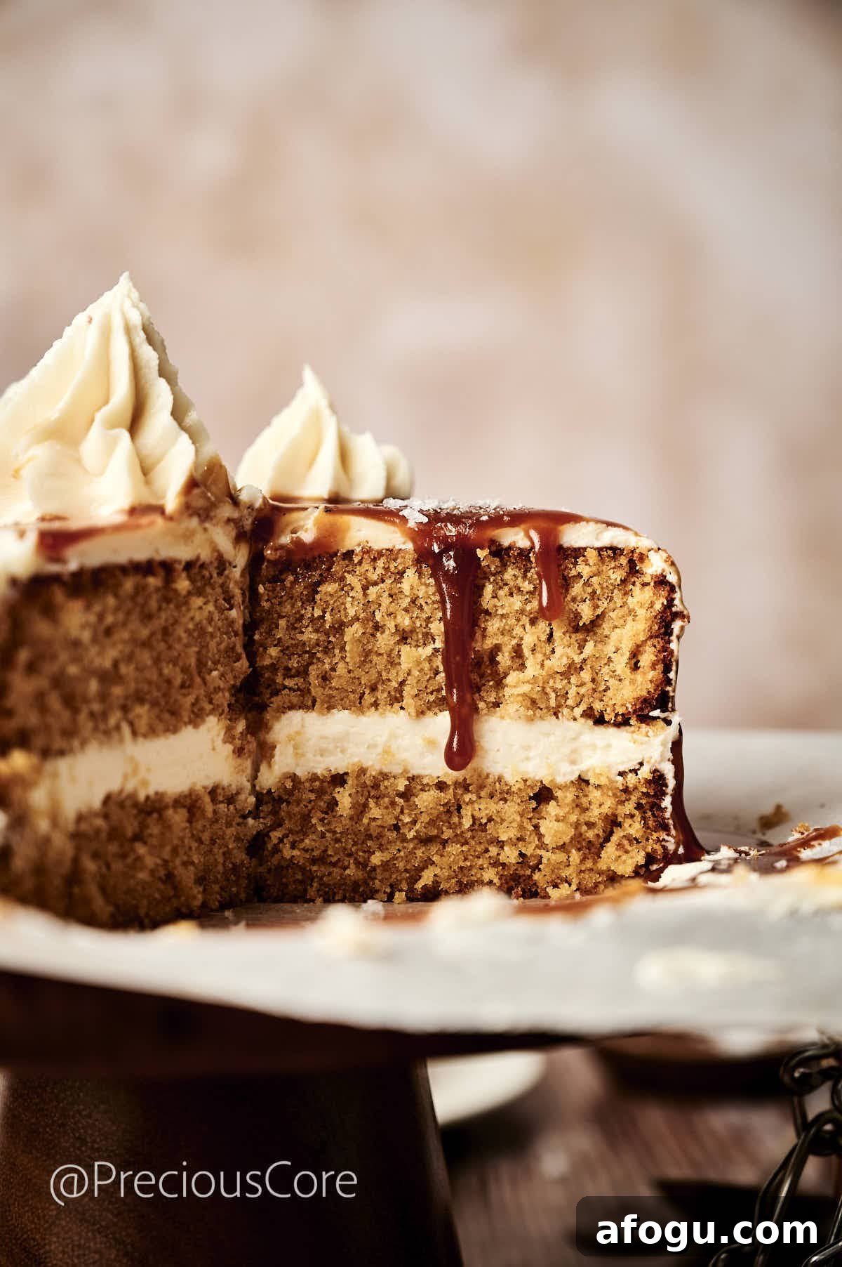 Salted caramel cake cut open.