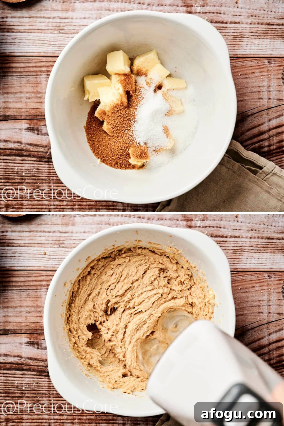 Creaming together butter, sugar, and caramel.