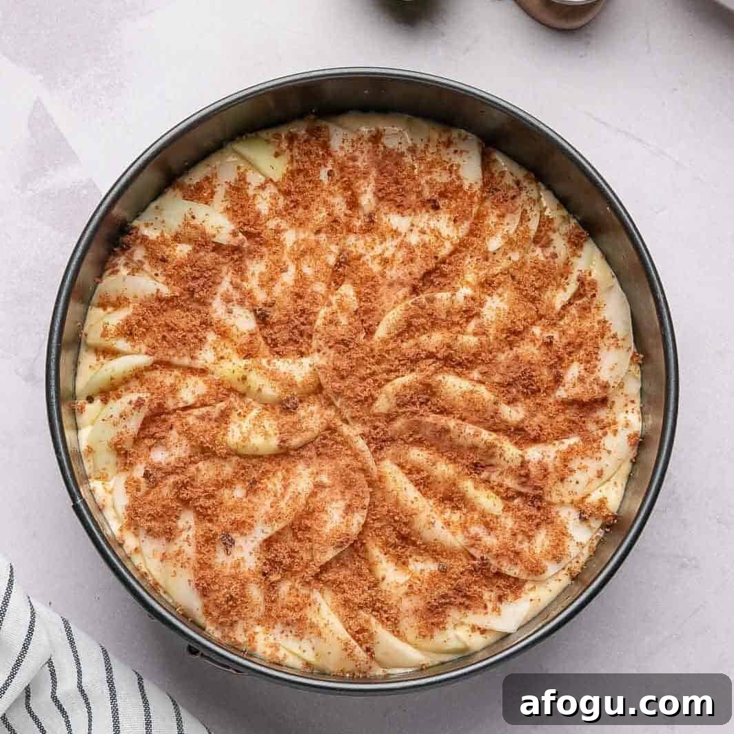 Moist Pear Cake Recipe — 20-Minute Prep, Simple Steps 10 Arranging a decorative spiral of pear slices on top of the cake batter before sprinkling with cinnamon sugar.