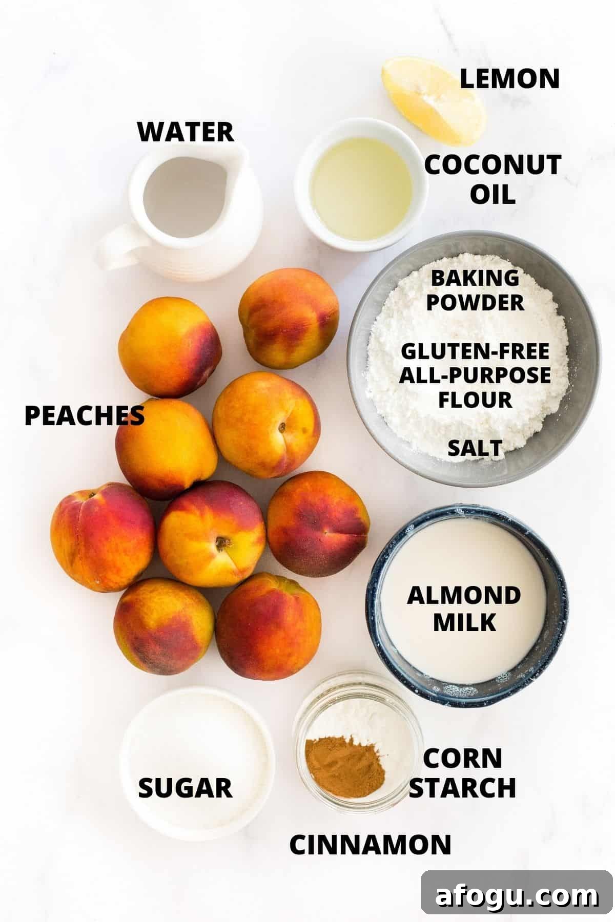 Easy Gluten-Free Peach Cobbler Recipe (Dairy-Free, Vegan) Ingredients for making gluten-free peach cobbler recipe laid out on marble board.