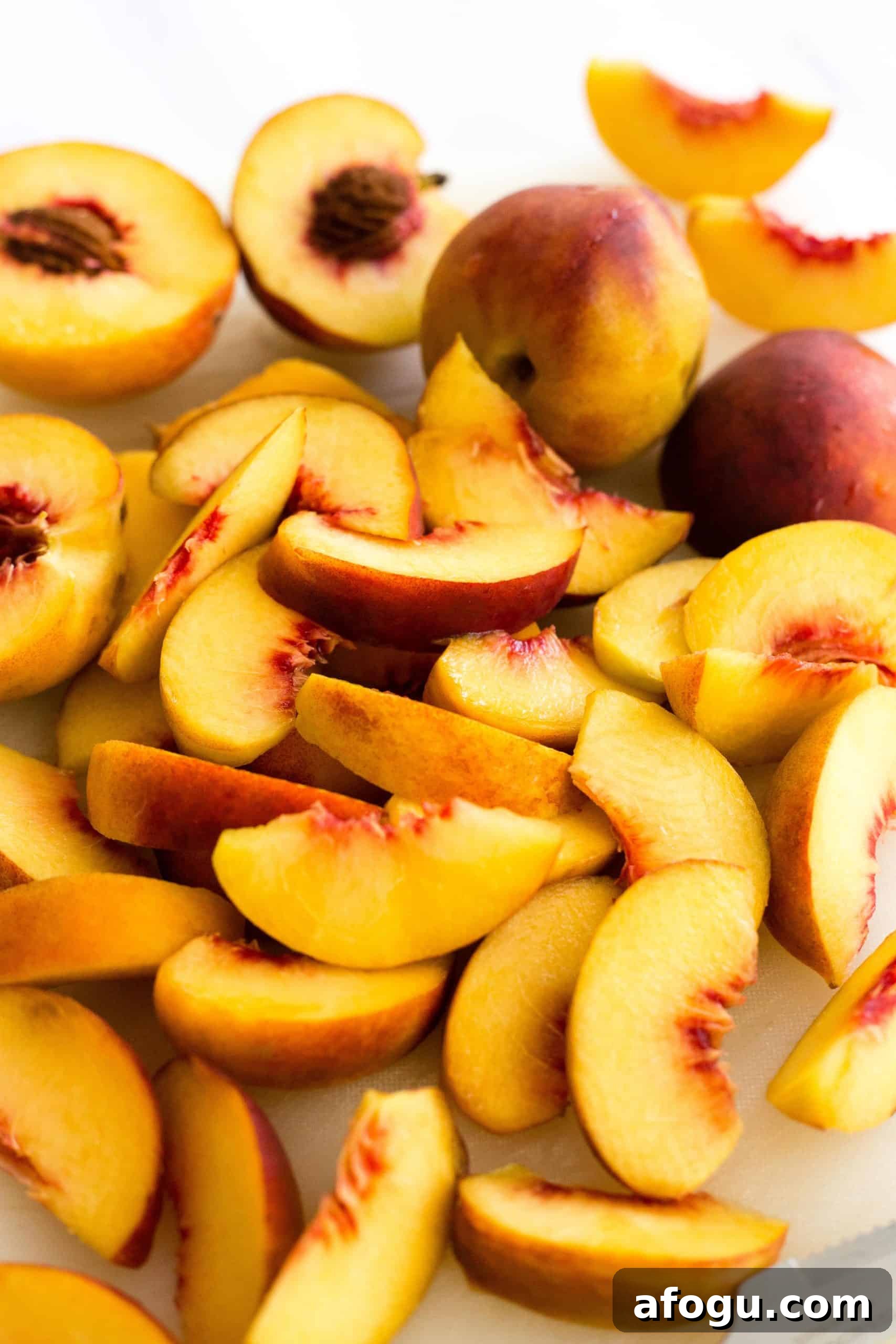 Vegan Gluten-Free Cobbler (Dairy-Free) Sliced ripe peaches on a cutting board.
