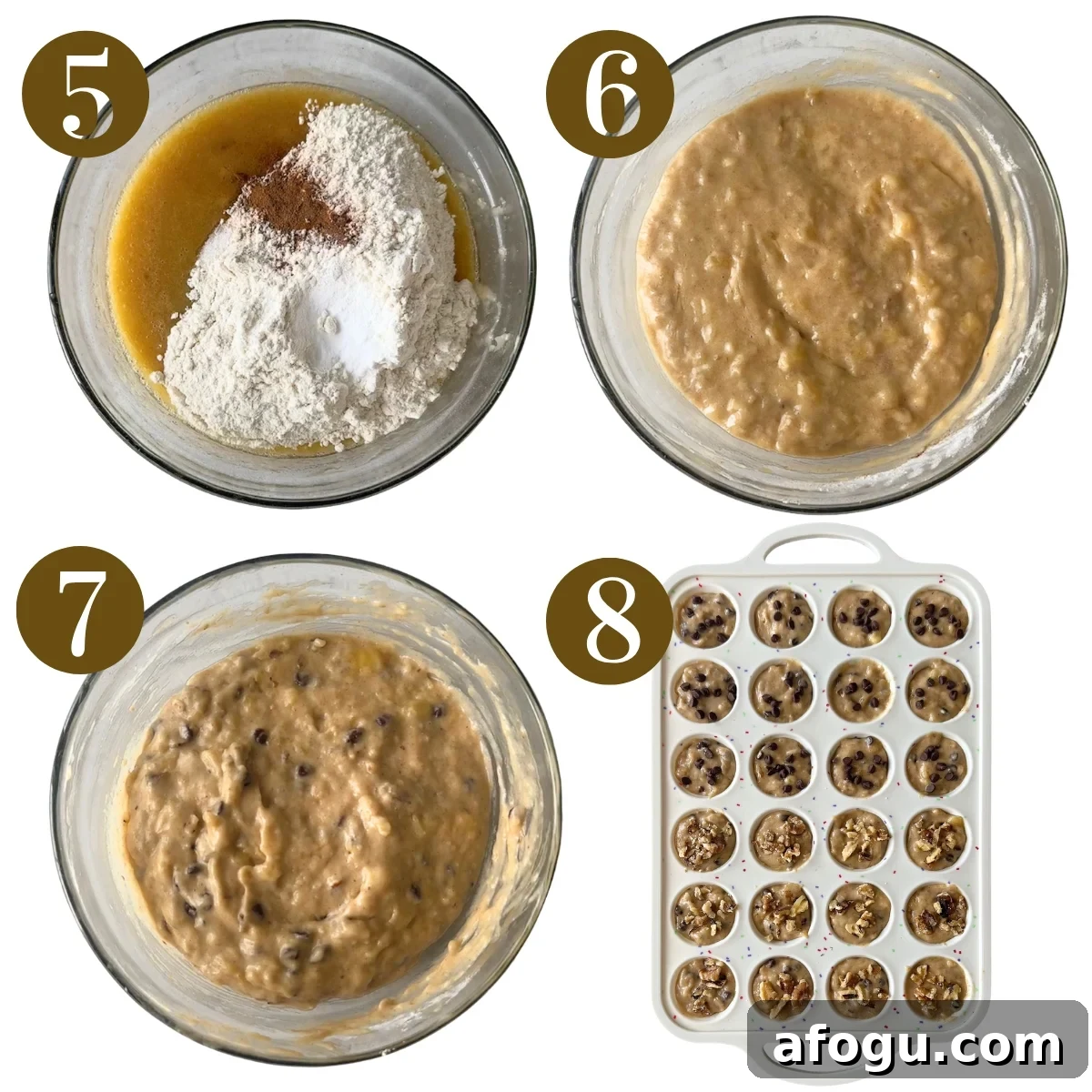 Steps to make chocolate chip banana walnut muffins.