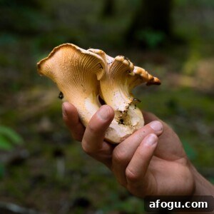A hand holding white chanterelle mushrooms in the forest