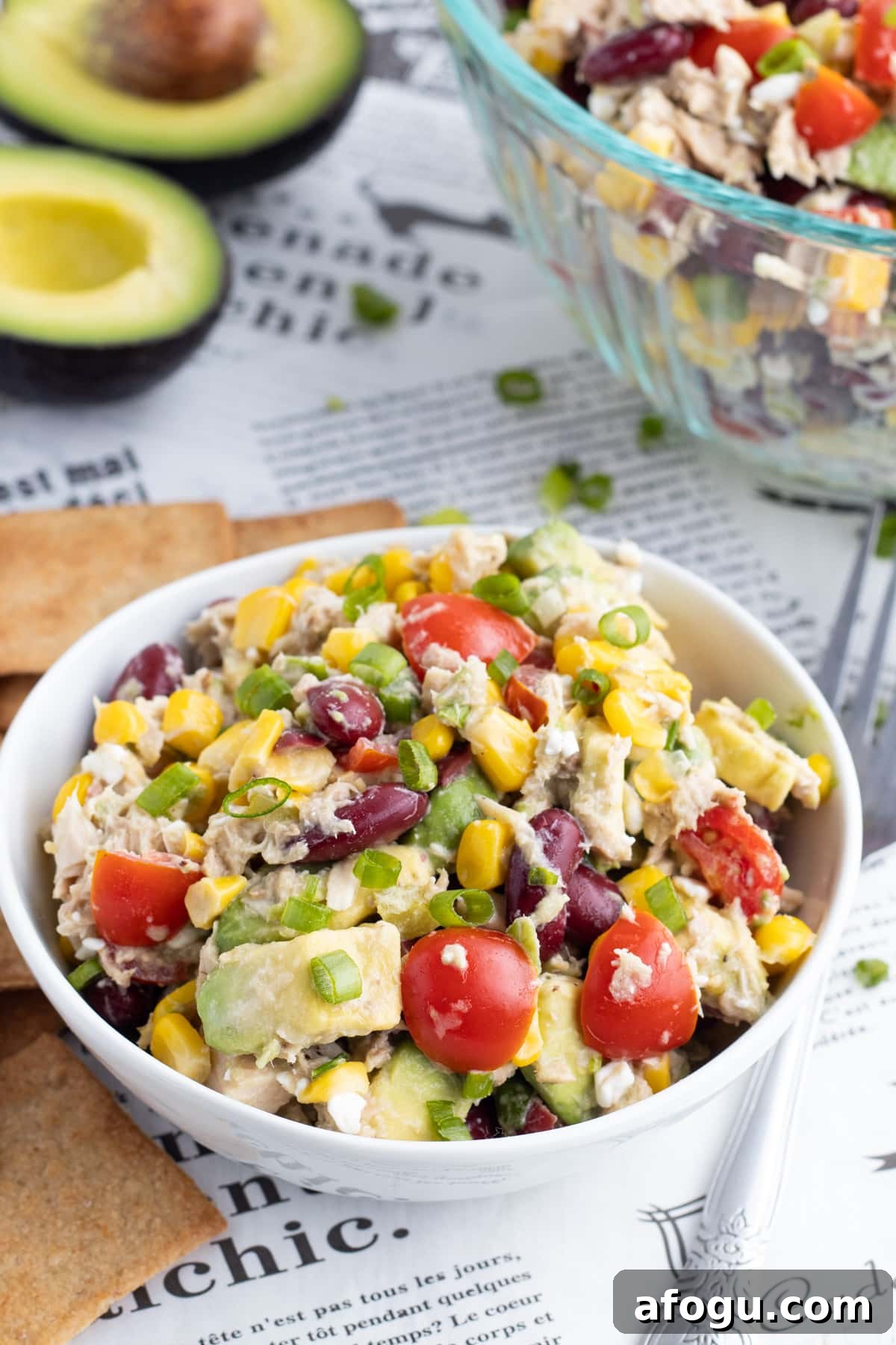 Tuna, Corn, Avocado & White Bean Salad with Zesty Dressing 5 Picture of small bowl with tuna and bean salad.