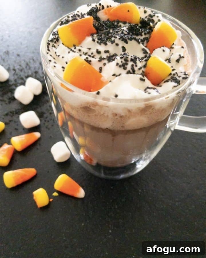 glass mug of nutella hot chocolate with whipped topping black sugar sprinkles and candy corn