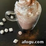 glass mug full of hot chocolate topped with marshmallows and whipped cream
