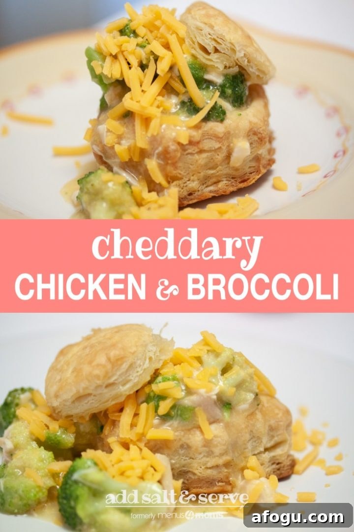 Puff pastry with broccoli, chicken, and shredded cheddar cheese on a white plate; text Cheddary Chicken and Broccoli Add Salt & Serve