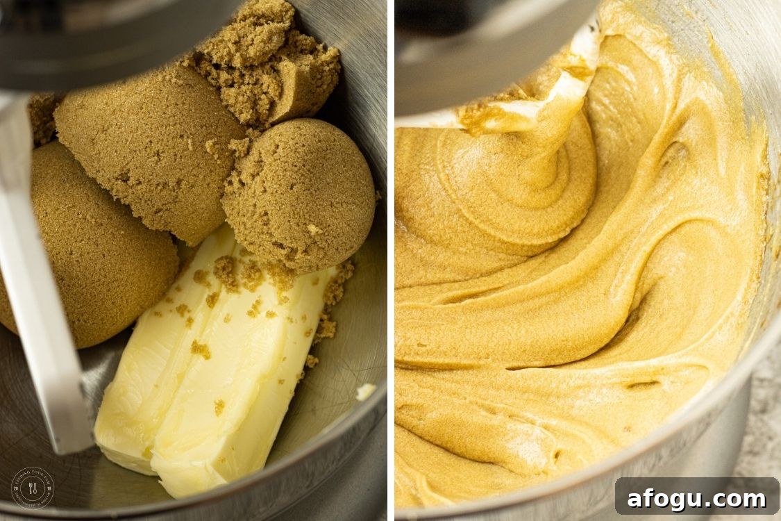 split image of butter and brown sugar in a mixing bowl and it all mixed together in the other image