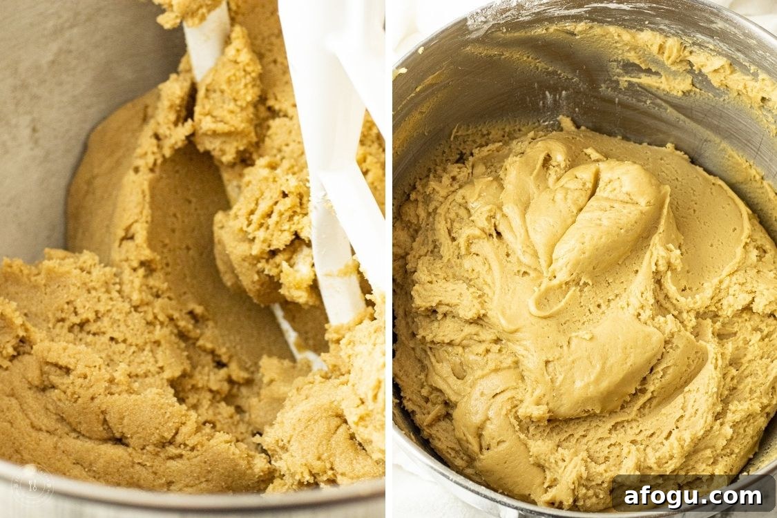 split image of mixing cookie dough and mixed cookie dough in a mixing bowl