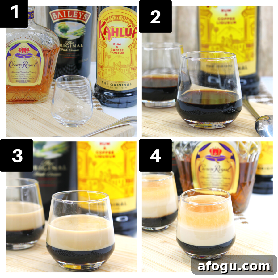 a four image collage showing how to layer kahlua, irish cream, and whiskey in a shot glass. 