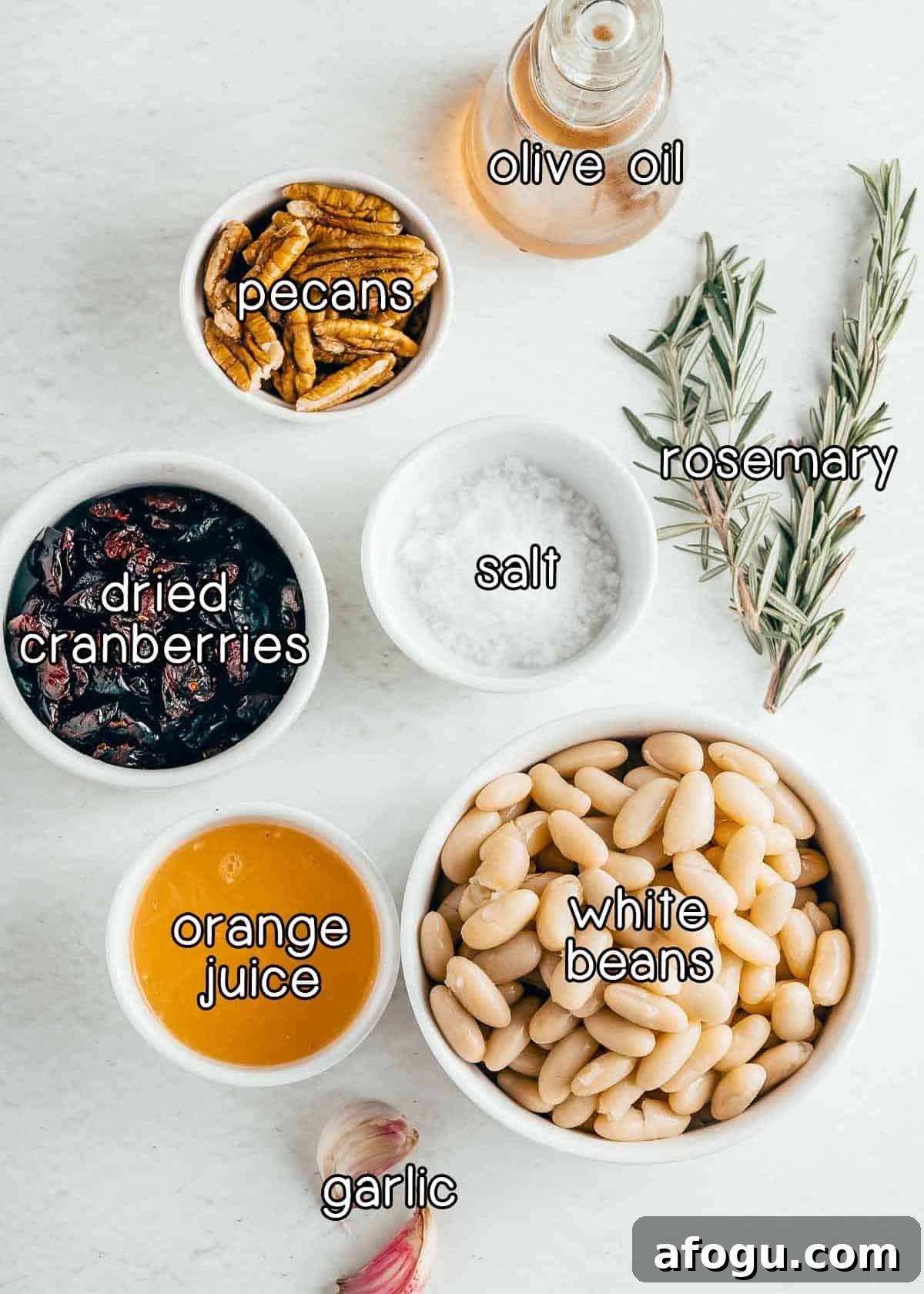 Creamy White Bean and Cranberry Hummus Recipe 3 Overhead shot of ingredients - olive oil, pecans, dried cranberries, salt, rosemary, orange juice, white beans, and garlic.