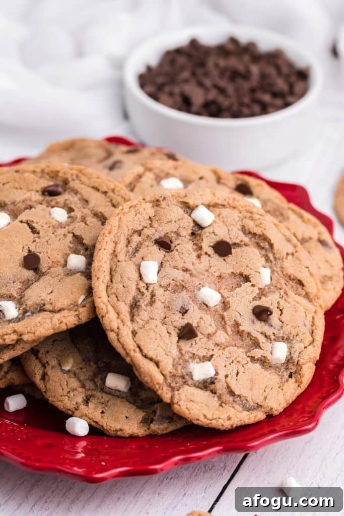 hot chocolate cookies piled on a red plate