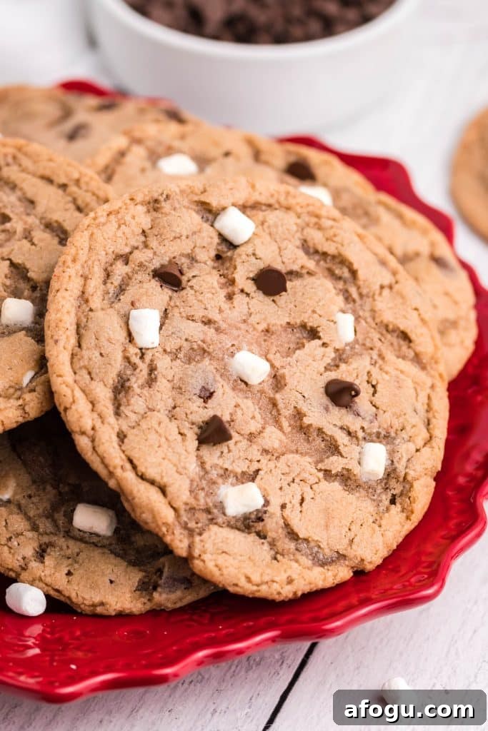 hot chocolate cookies piled on a red plate