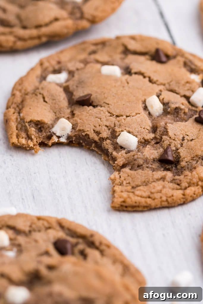 a hot cocoa cookie with a bite out of it resting on a wooden table