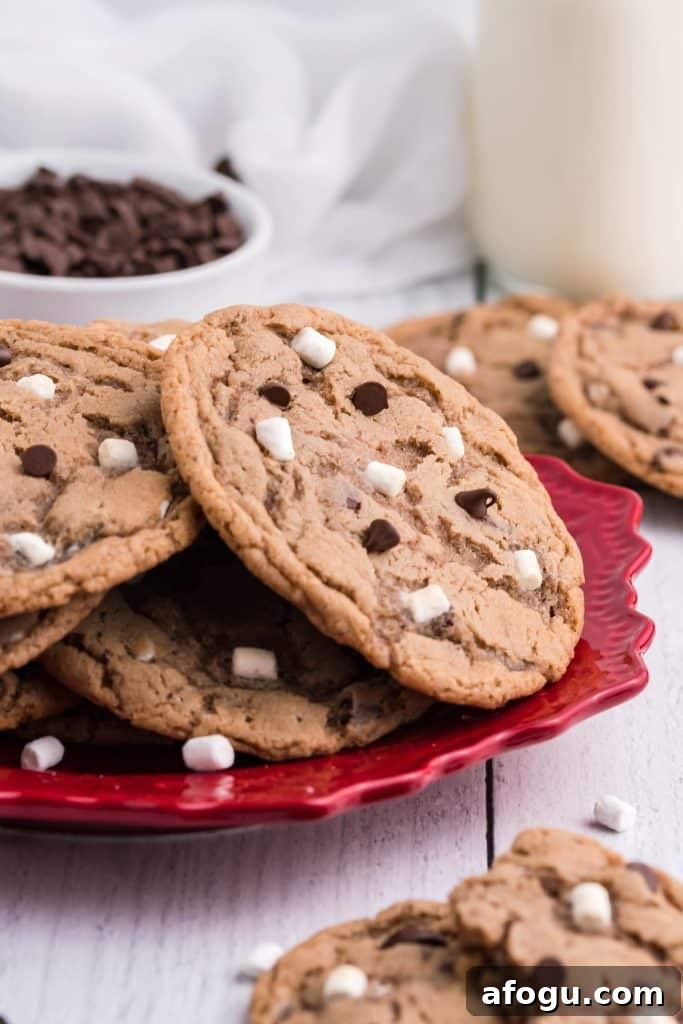 marshmallow and chocolate chip topped hot cocoa cookies piled on a red plate