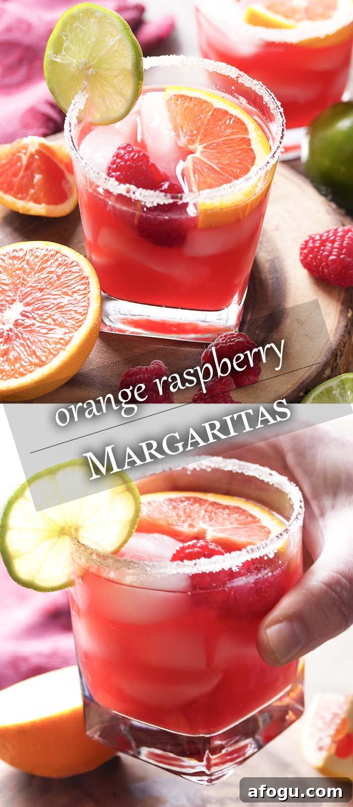 Pink cocktail in a sugar rimmed glass being lifted with text overlay - Orange Raspberry Margaritas.