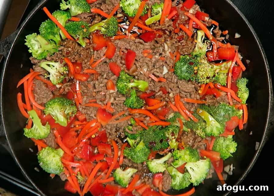 sauce added to the korean ground beef stir fry