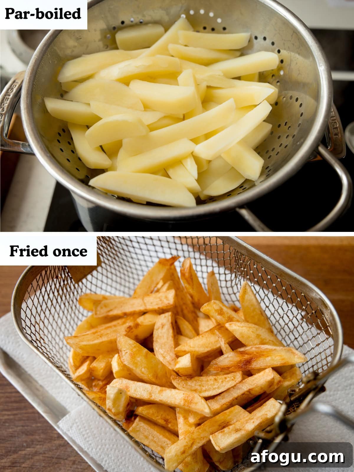 Par-boiled and fried once comparison.