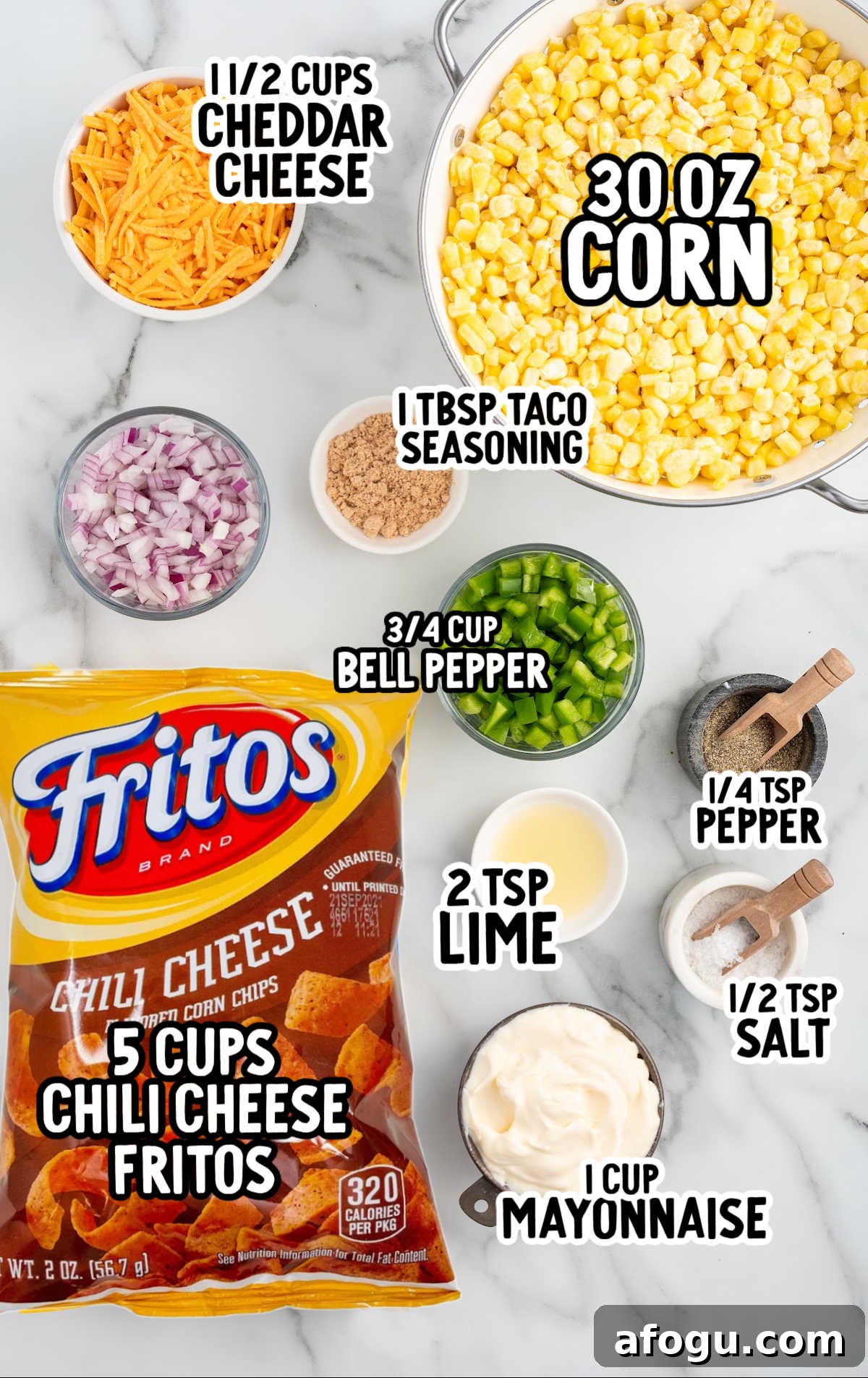 raw ingredients that are labeled to make a Frito Corn Salad