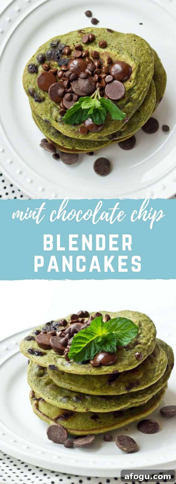 Finished stack of mint chocolate chip pancakes