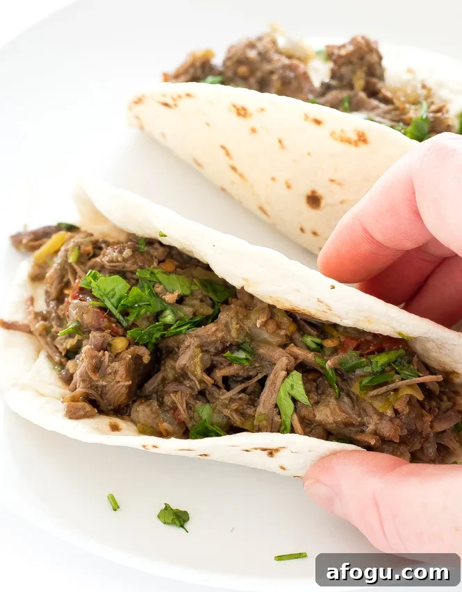 author holding a flour tortilla topped with Beef Barbacoa