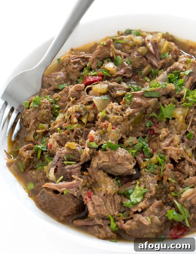 Instant Pot Barbacoa Beef in white bowl topped with fresh chopped cilantro