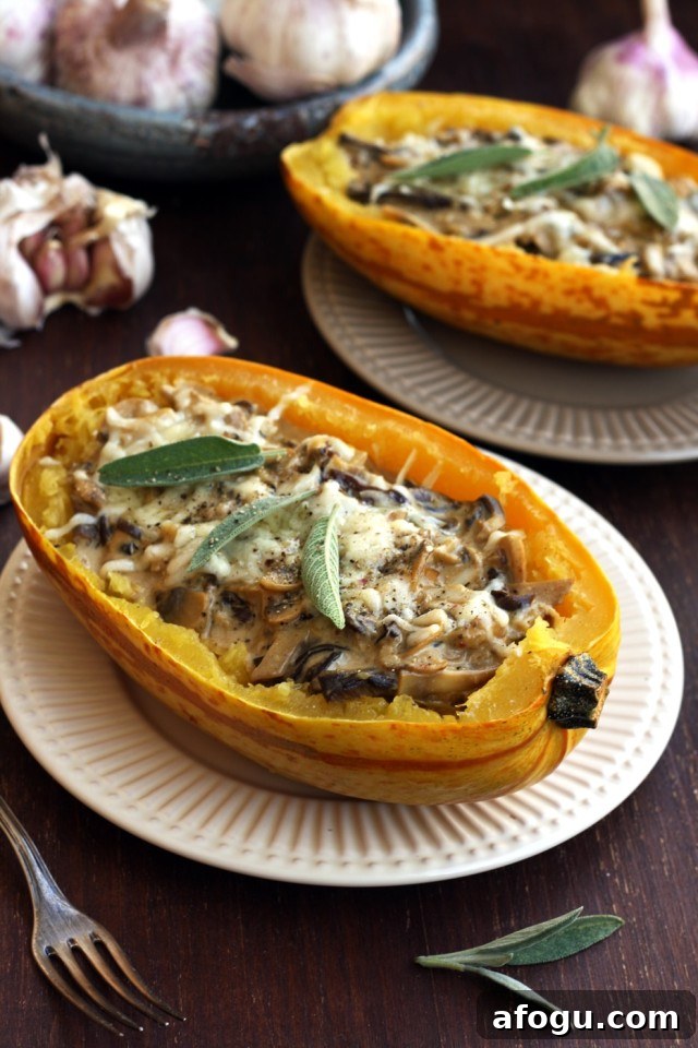 Roasted Spaghetti Squash with Mushrooms Served in Two Plates with Two Forks
