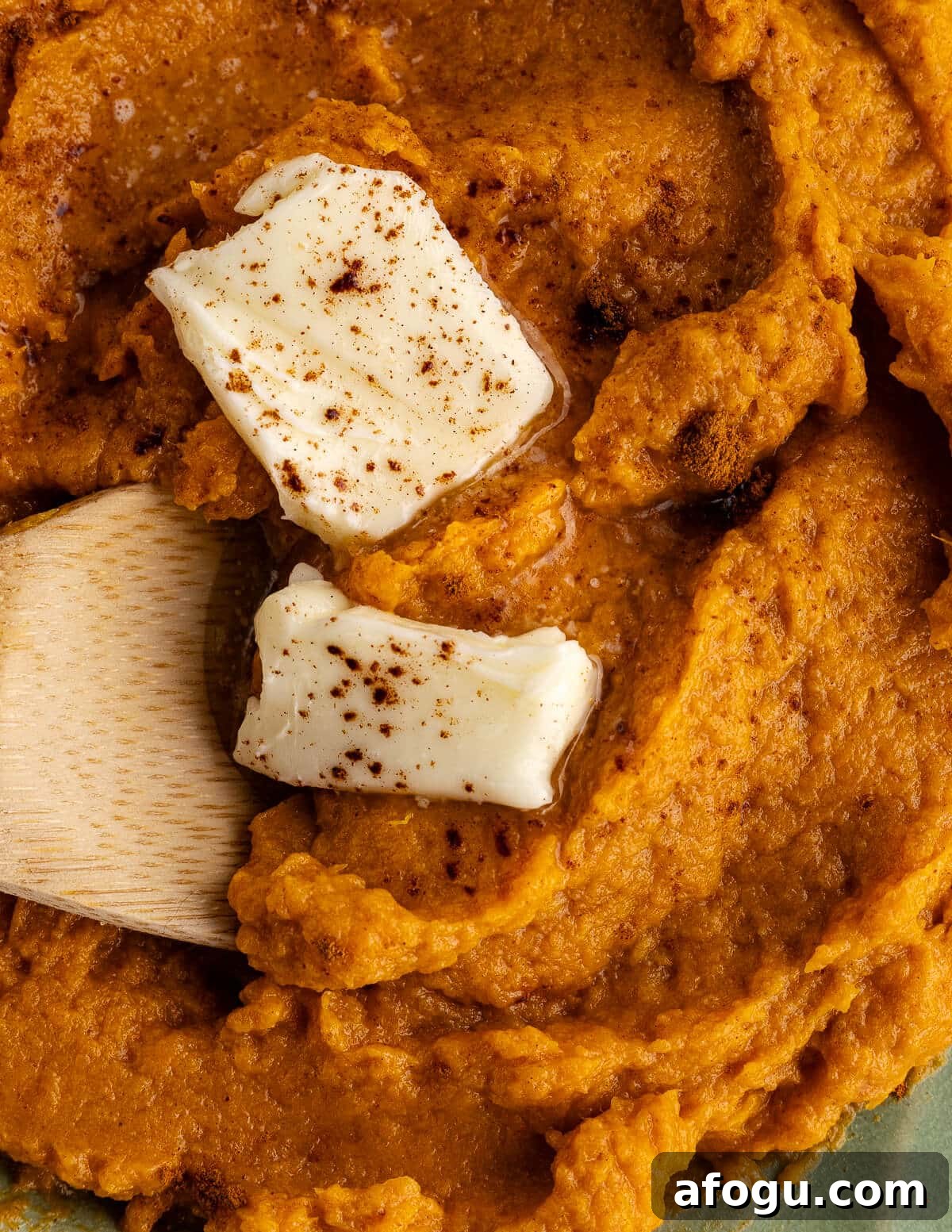 close up of mashed sweet potatoes with butter and cinnamon on top. 
