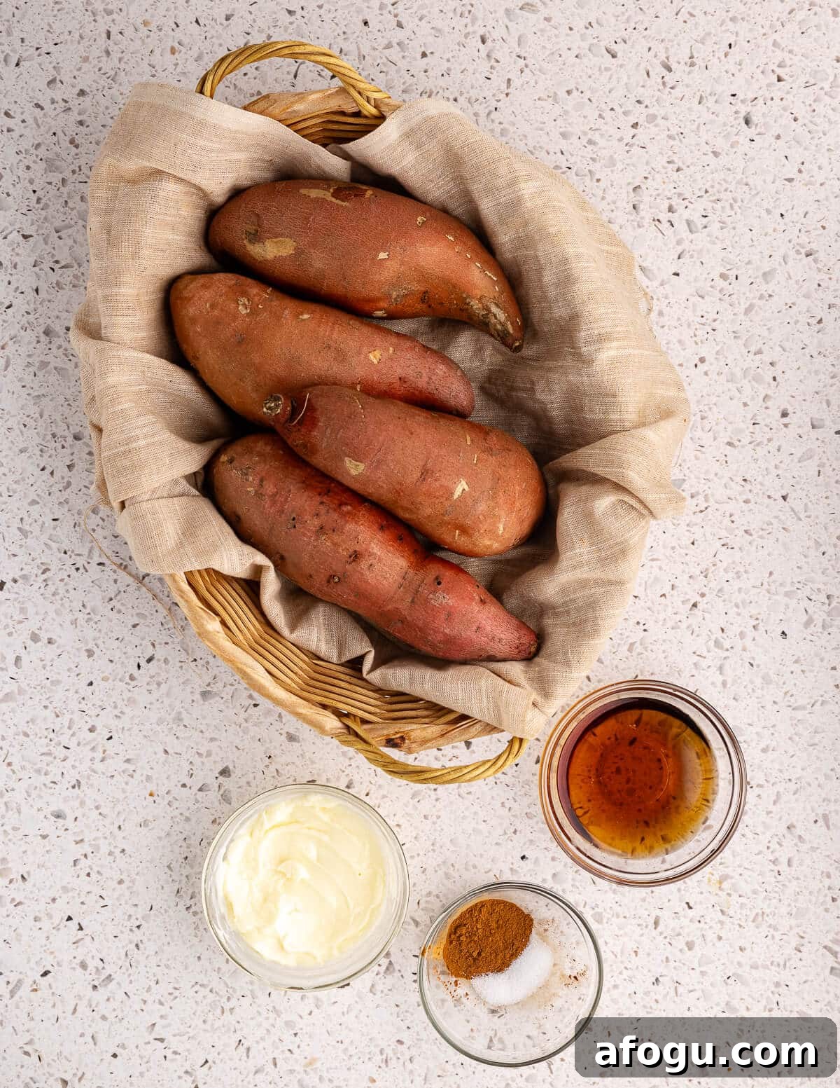 sweet potatoes, maple syrup, butter, cinnamon, and salt. 