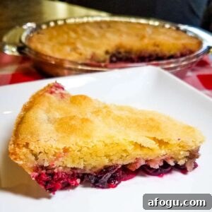slice of Nantucket Cranberry Pie on a white plate with remainder of pie in the background