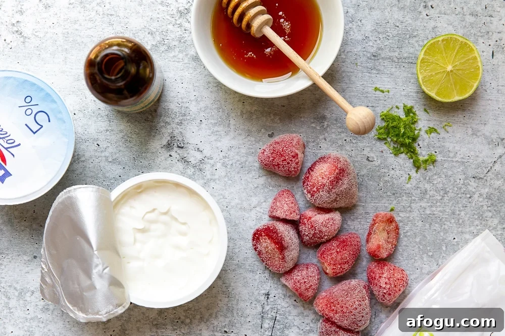 Ingredients for the strawberry frozen yogurt recipe on the counter, including Greek yogurt, honey, frozen strawberries, vanilla and lime.