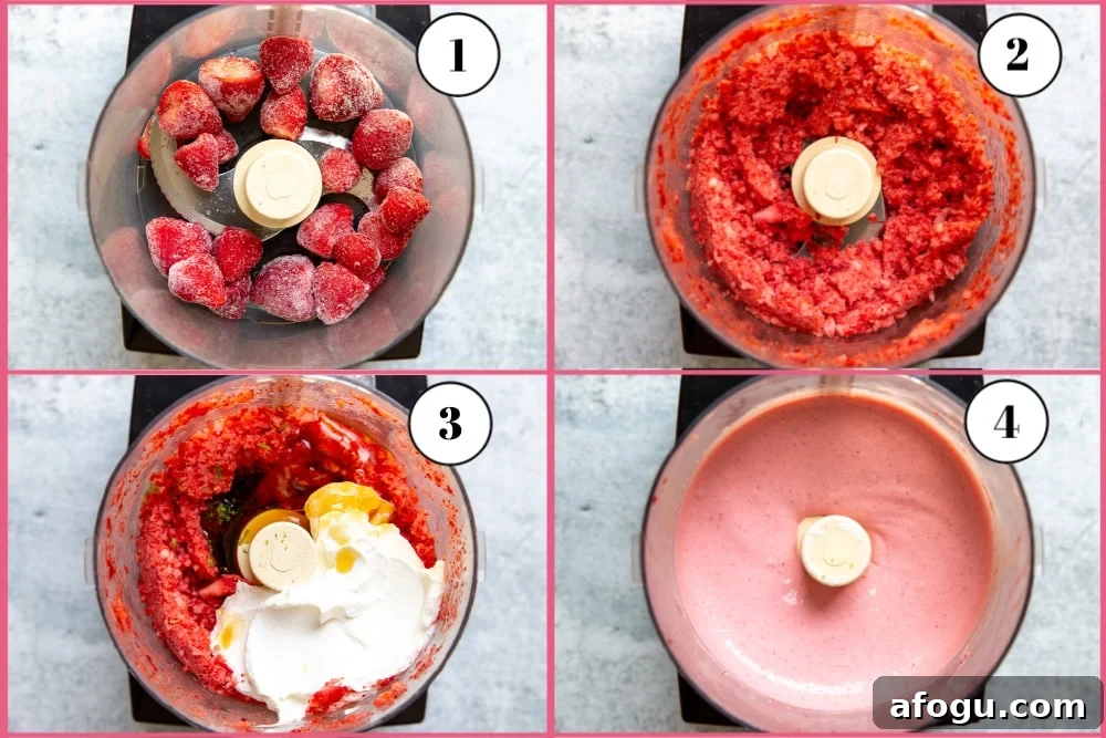 Process shot divided into four quadrants showing the four steps for making the strawberry frozen yogurt recipe.