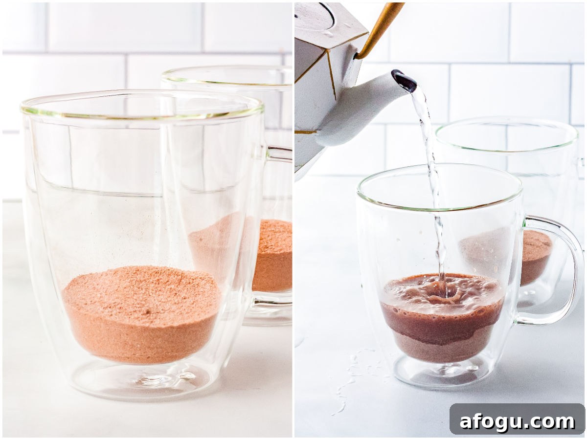 Step-by-step collage showing vanilla creamer being poured into hazelnut hot chocolate on the left, and the finished Swig Nutcracker drink topped with whipped cream on the right.