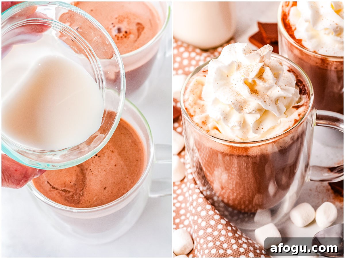 Close-up of freshly whisked hazelnut hot chocolate in a glass mug, showing smooth, frothy texture before adding whipped cream.