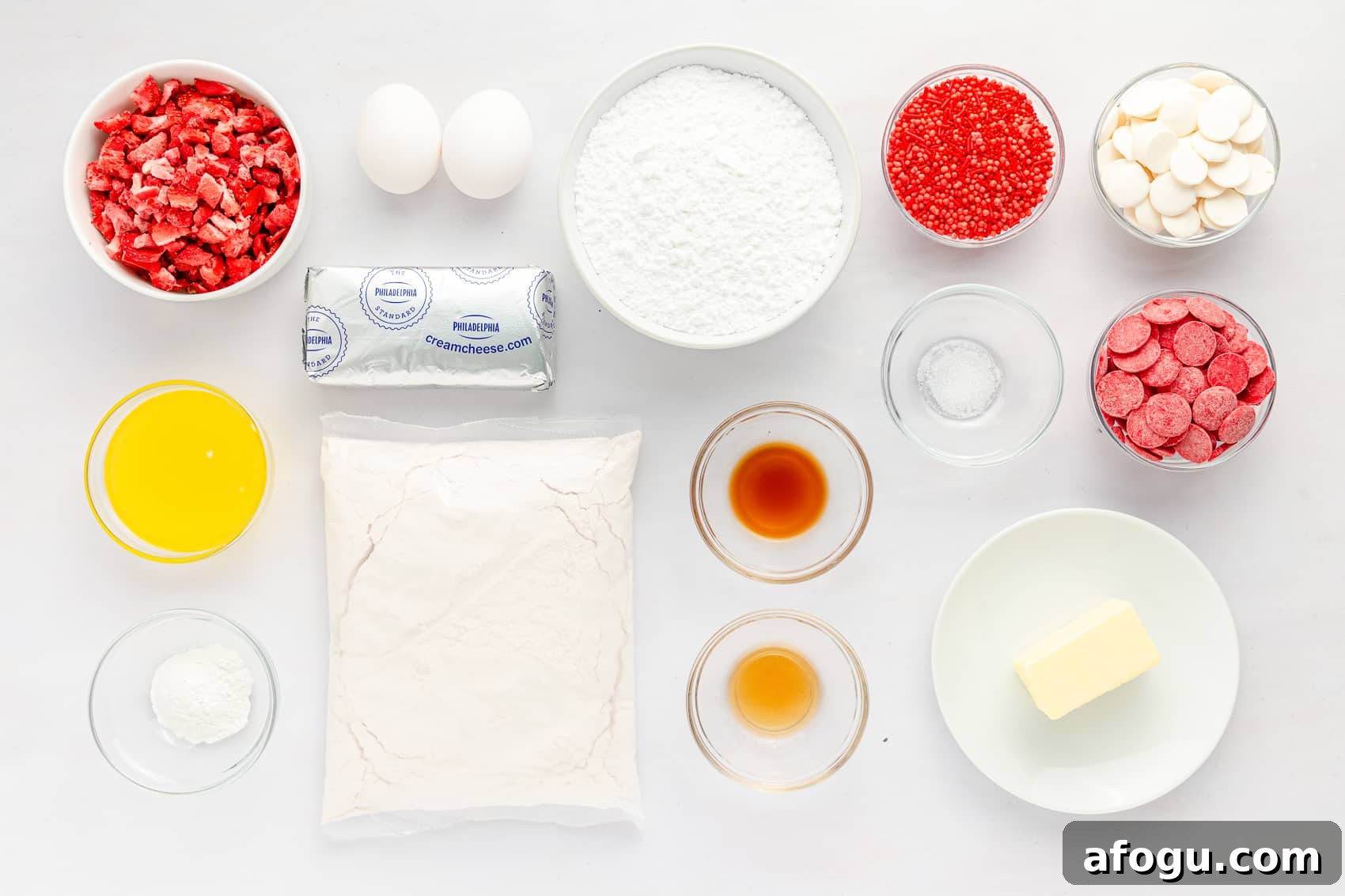ingredients for strawberry cake mix cookies in small bowls