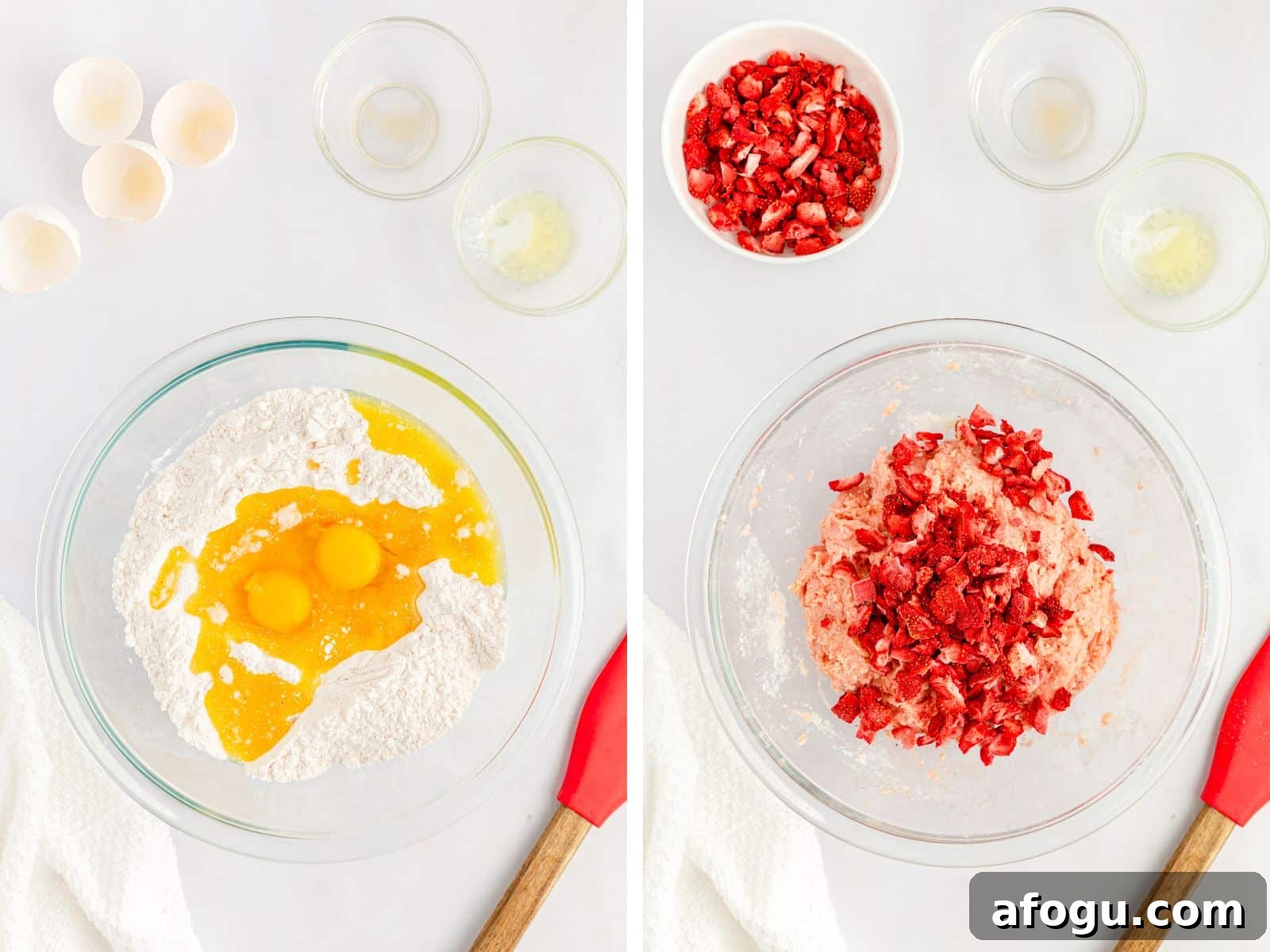 process pics of strawberry cake mix batter in glass bowls