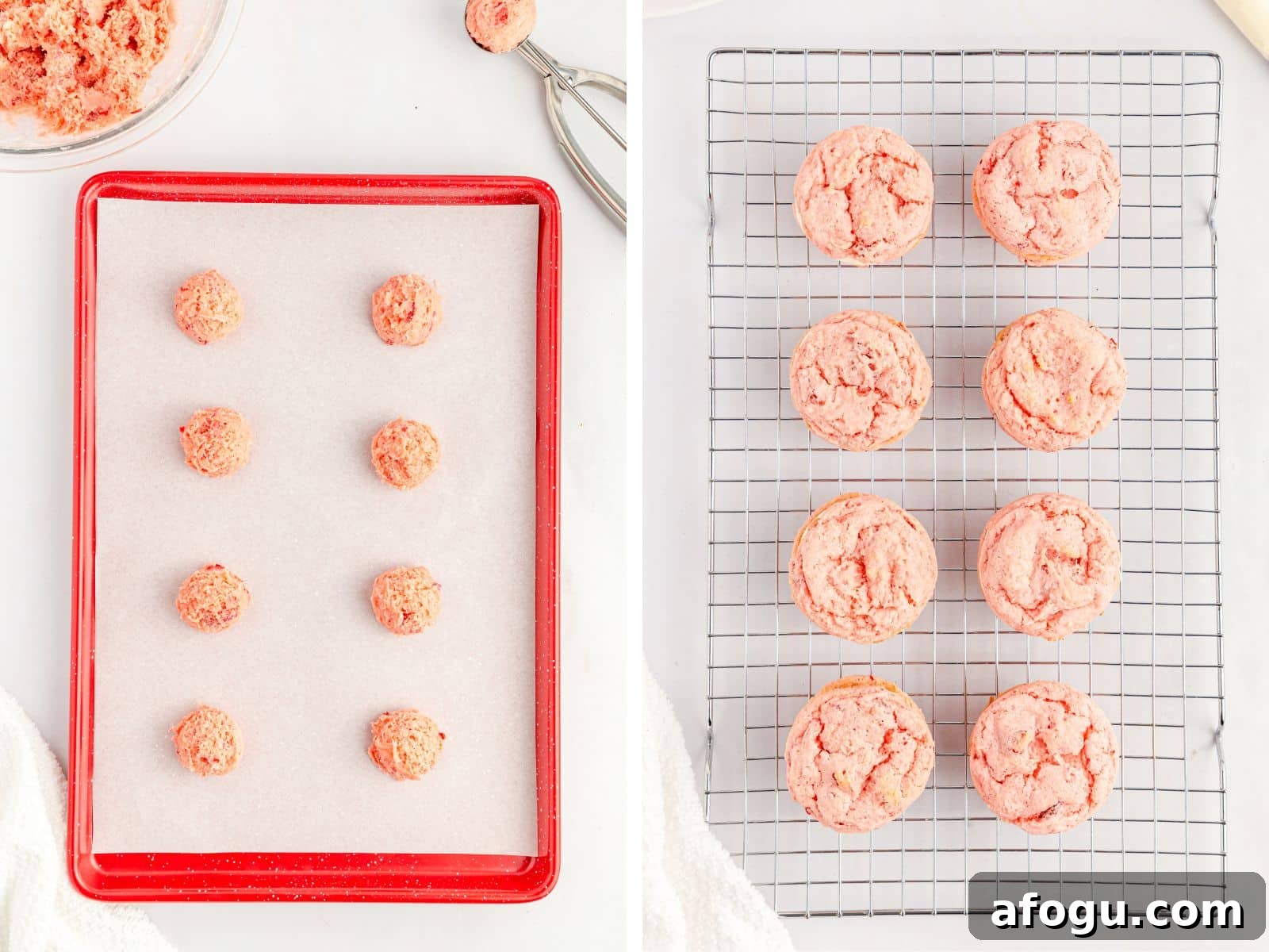 strawberry cake mix cookie dough on baking sheet and cookies on wire cooling rack