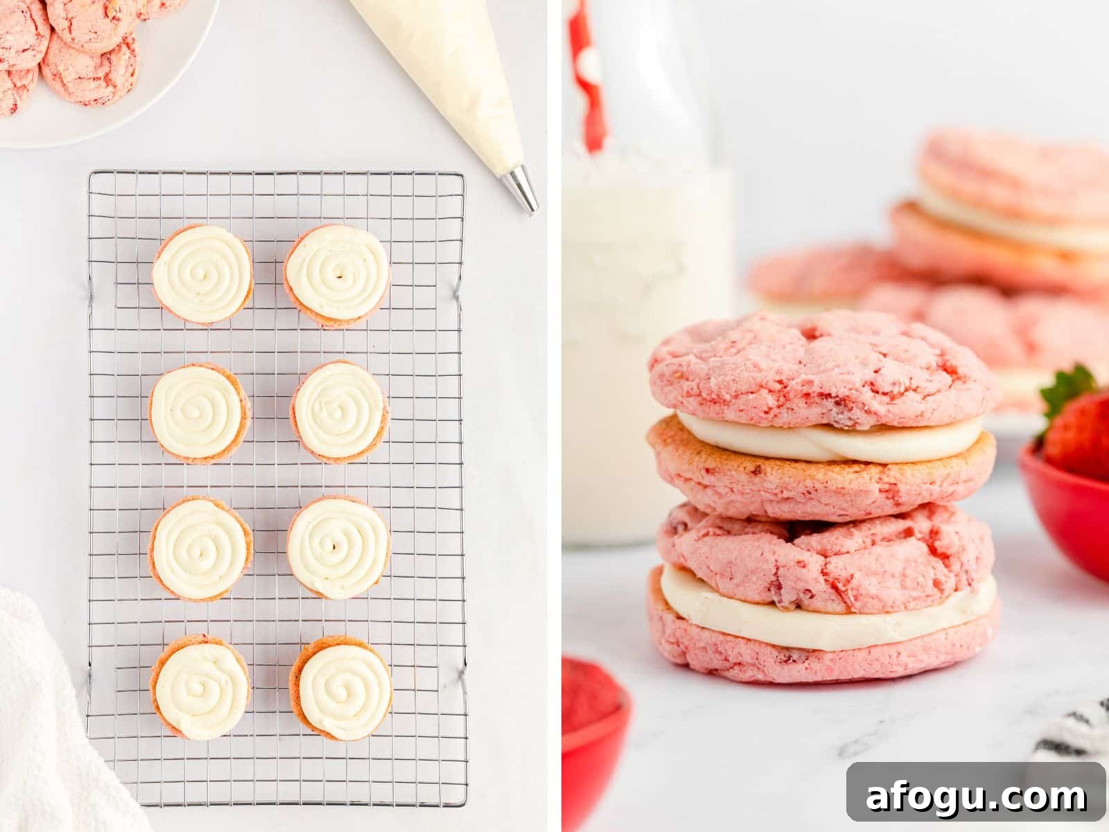 strawberrry sandwich cookie with icing on wire rack then stacked