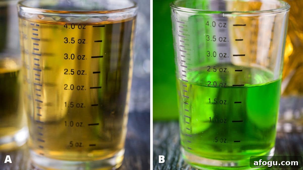 Whiskey and melon liqueur measured out